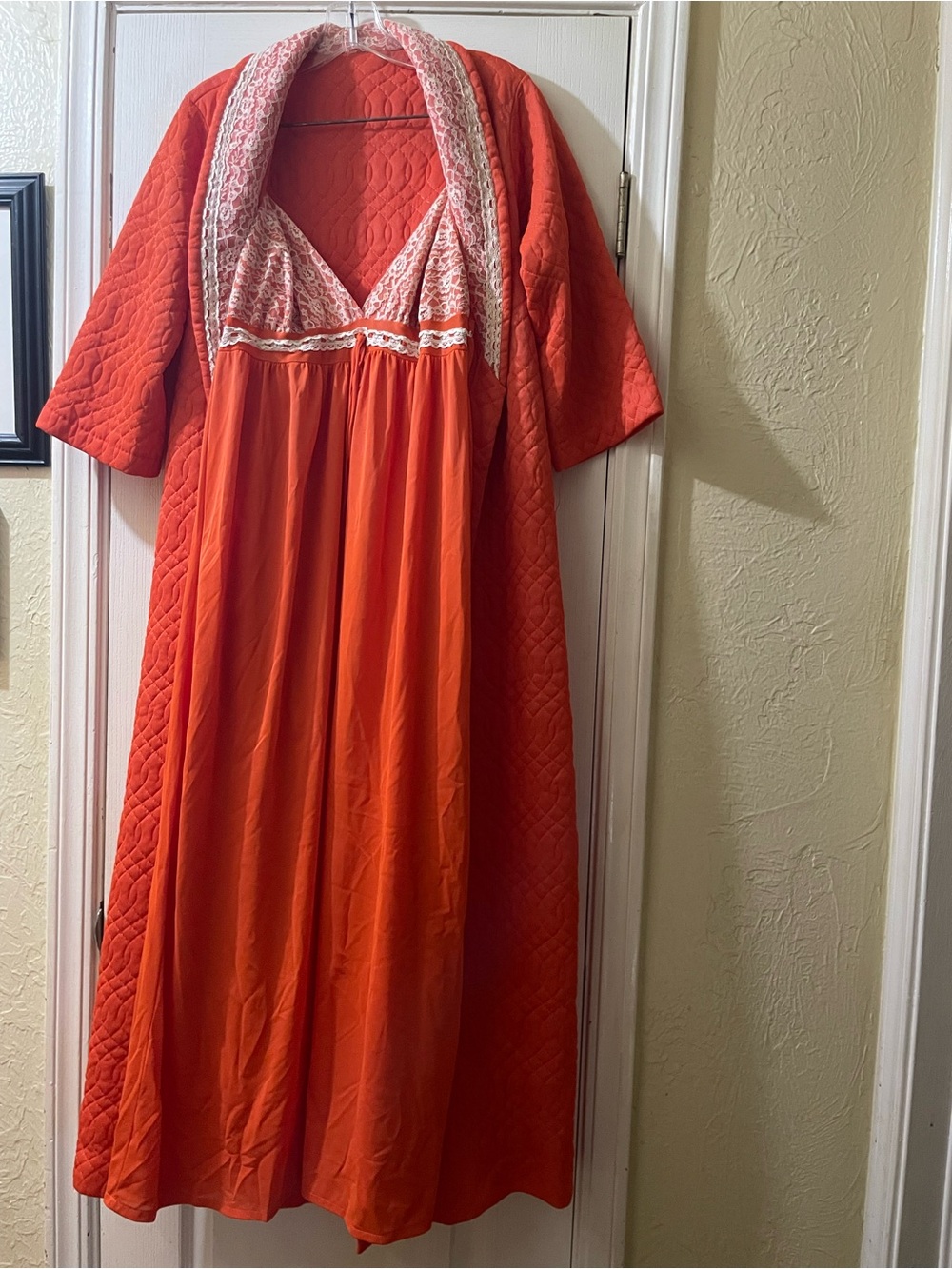 Lace-Trim Orange Maxi Nightgown with Matching Robe